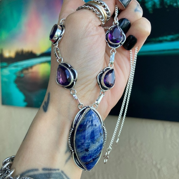 925 sterling silver overlay purple amethyst & blue sodalite stone boho necklace - Picture 13 of 15